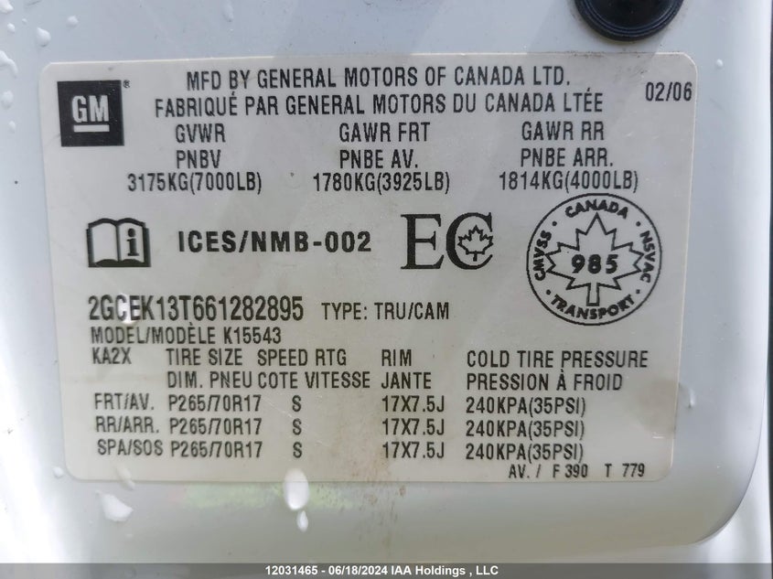 2006 Chevrolet Silverado 1500 VIN: 2GCEK13T661282895 Lot: 12031465