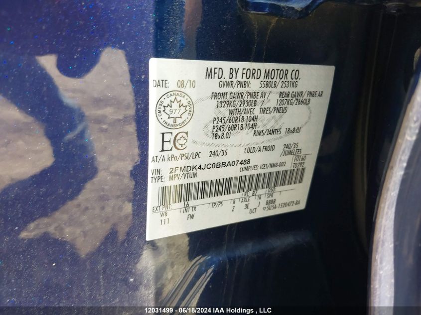 2011 Ford Edge Sel VIN: 2FMDK4JC0BBA07488 Lot: 12031499