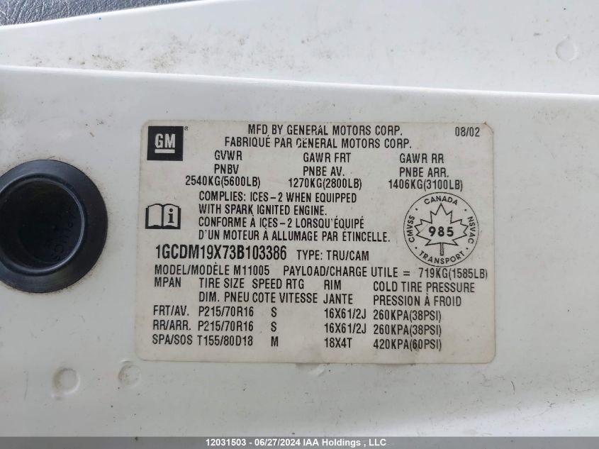 2003 Chevrolet Astro Cargo Van VIN: 1GCDM19X73B103386 Lot: 12031503