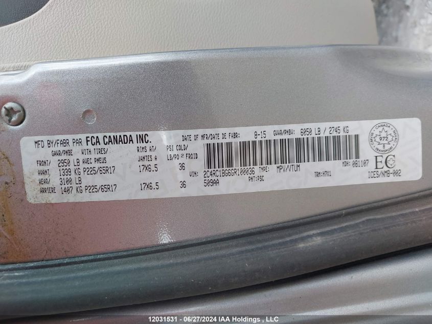 2016 Chrysler Town & Country Touring VIN: 2C4RC1BG6GR100036 Lot: 12031531