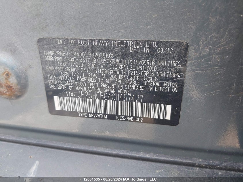 2012 Subaru Forester 2.5X VIN: JF2SHCBC4CH457427 Lot: 12031535