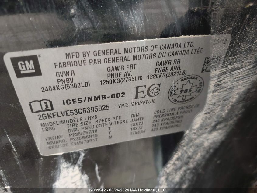2012 GMC Terrain VIN: 2GKFLVE53C6395925 Lot: 12031542
