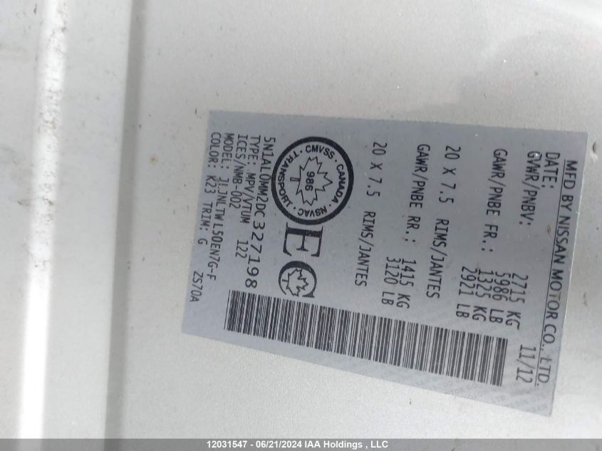 2013 Infiniti Jx35 VIN: 5N1AL0MM2DC327198 Lot: 12031547