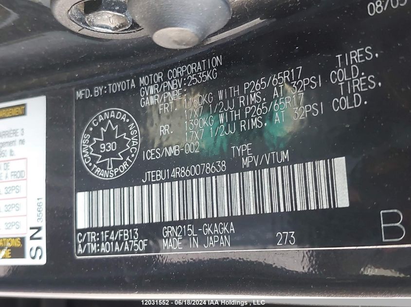 2006 Toyota 4Runner VIN: JTEBU14R860078638 Lot: 12031552