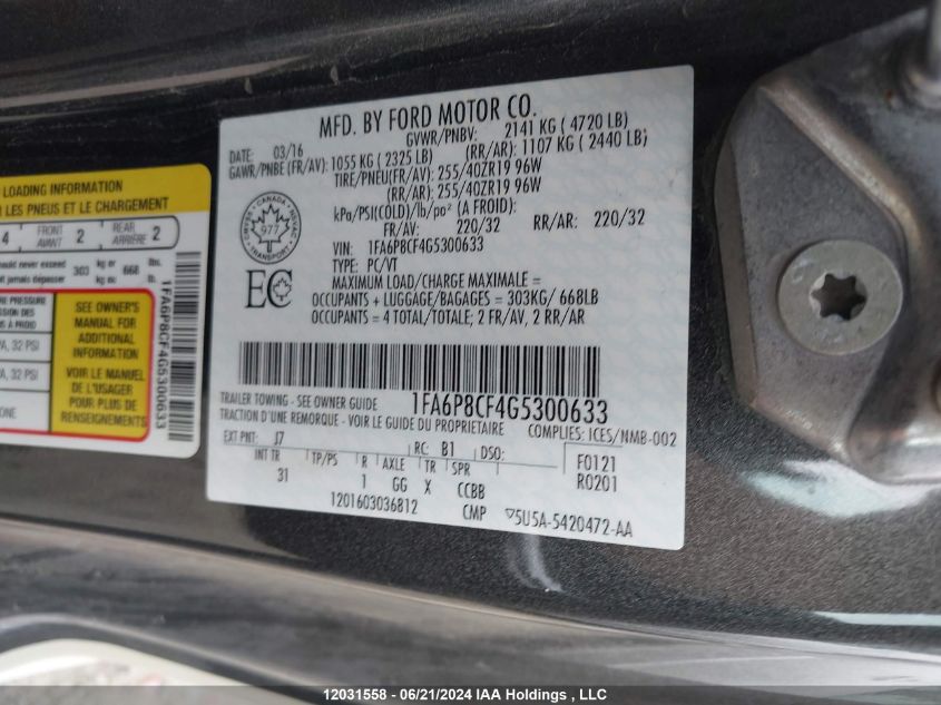 2016 Ford Mustang Gt VIN: 1FA6P8CF4G5300633 Lot: 12031558