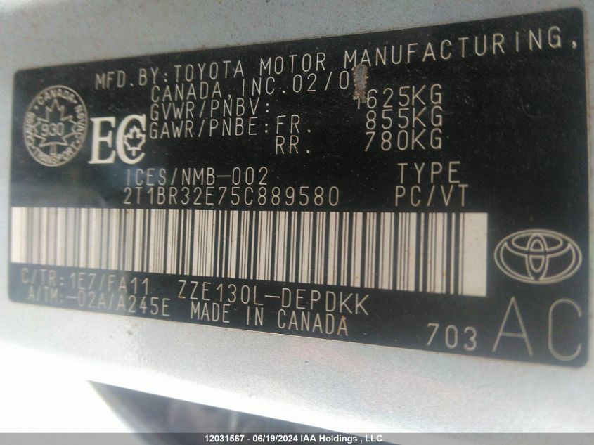 2005 Toyota Corolla Ce/Le/S VIN: 2T1BR32E75C889580 Lot: 12031567