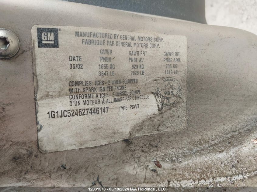 2002 Chevrolet Cavalier Cng VIN: 1G1JC524627446147 Lot: 12031578