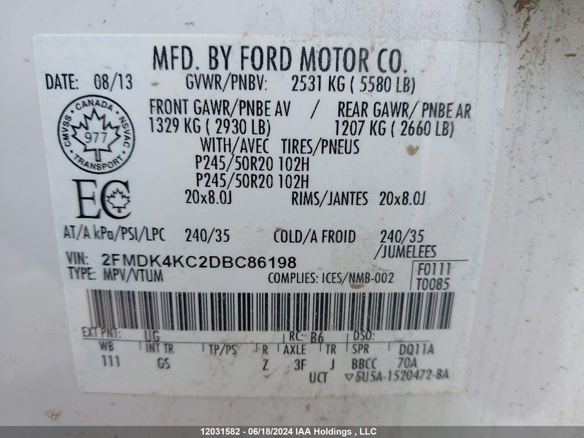 2013 Ford Edge Limited VIN: 2FMDK4KC2DBC86198 Lot: 12031582