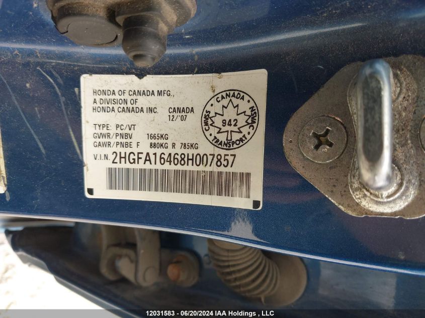 2008 Honda Civic Sdn VIN: 2HGFA16468H007857 Lot: 12031583