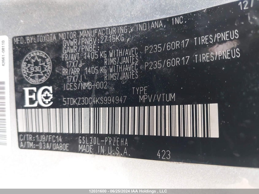 2019 Toyota Sienna Le VIN: 5TDKZ3DC4KS994947 Lot: 12031600