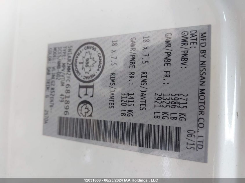 2015 Nissan Pathfinder VIN: 5N1AR2MM2FC681896 Lot: 12031608