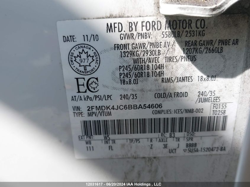 2011 Ford Edge Sel VIN: 2FMDK4JC6BBA54606 Lot: 12031617