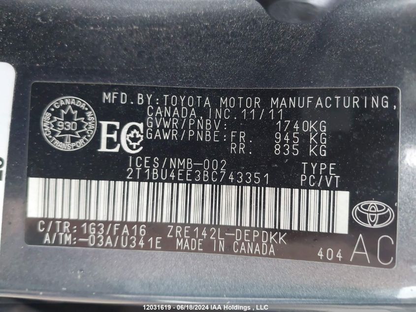 2011 Toyota Corolla Le VIN: 2T1BU4EE3BC743351 Lot: 12031619