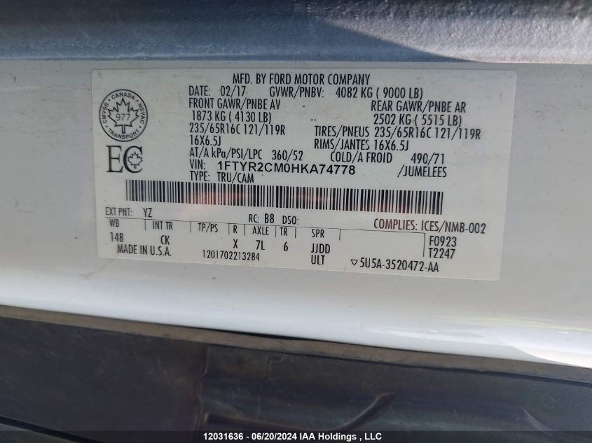 2017 Ford Transit T-250 VIN: 1FTYR2CM0HKA74778 Lot: 12031636