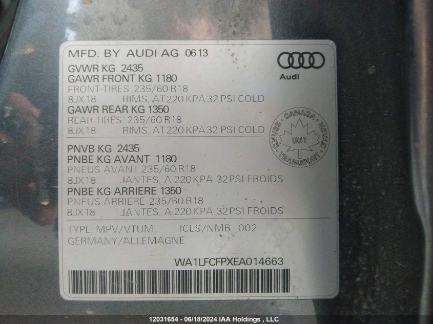 2014 Audi Q5 VIN: WA1LFCFPXEA014663 Lot: 12031654