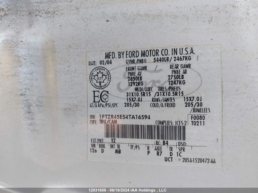 2004 Ford Ranger VIN: 1FTZR45E54TA16594 Lot: 12031658