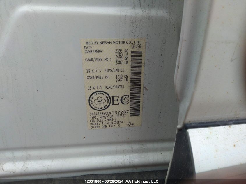 2020 Nissan Murano Sv VIN: 5N1AZ2BS6LN137287 Lot: 12031660
