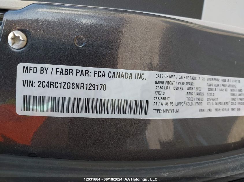 2022 Chrysler Grand Caravan Sxt VIN: 2C4RC1ZG8NR129170 Lot: 12031664