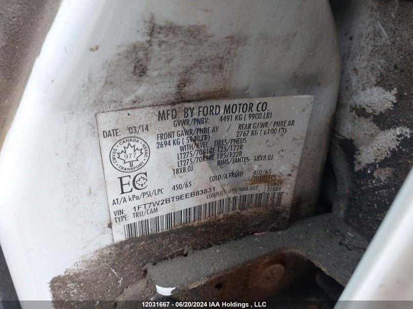 2014 Ford F-250 Xlt VIN: 1FT7W2BT9EEB83831 Lot: 12031667