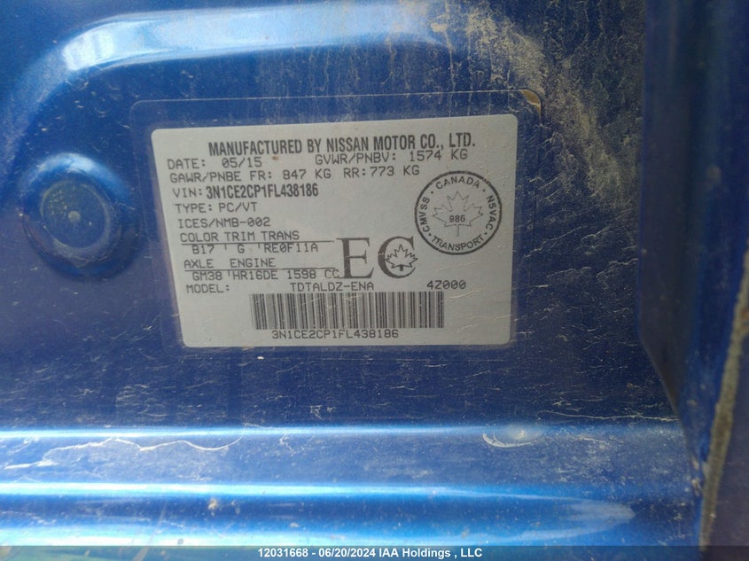 2015 Nissan Versa Note VIN: 3N1CE2CP1FL438186 Lot: 12031668