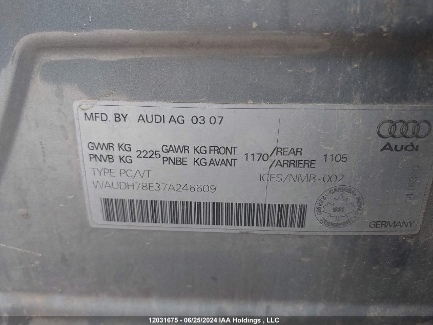 2007 Audi A4 VIN: WAUDH78E37A246609 Lot: 12031675