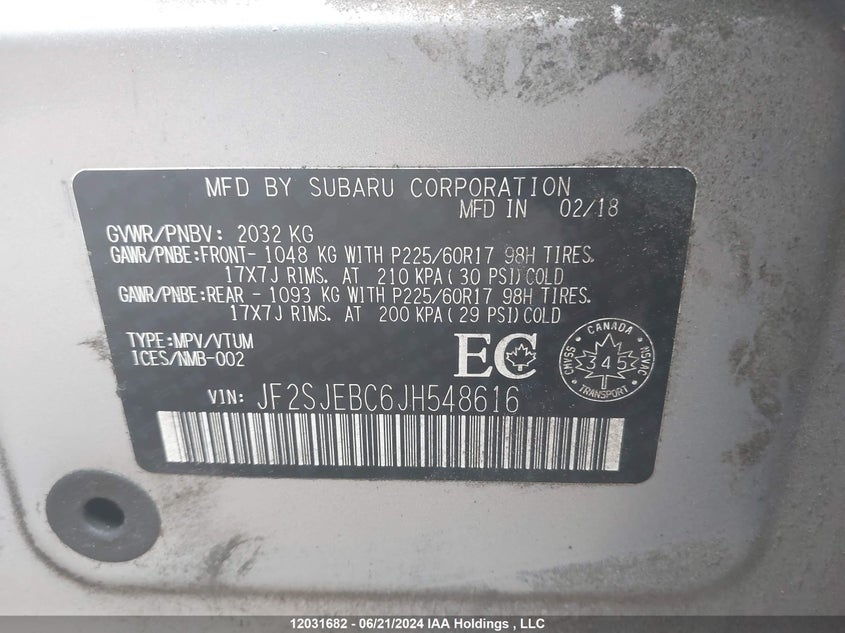 2018 Subaru Forester VIN: JF2SJEBC6JH548616 Lot: 12031682