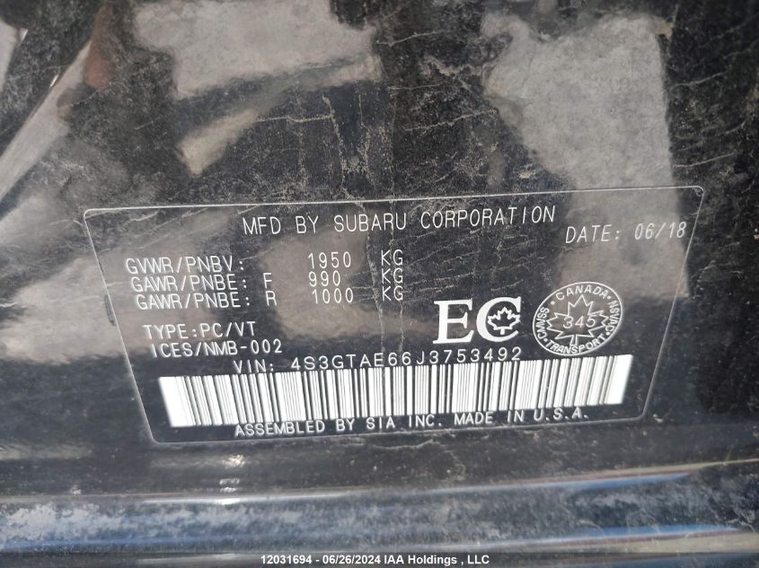 2018 Subaru Impreza VIN: 4S3GTAE66J3753492 Lot: 12031694
