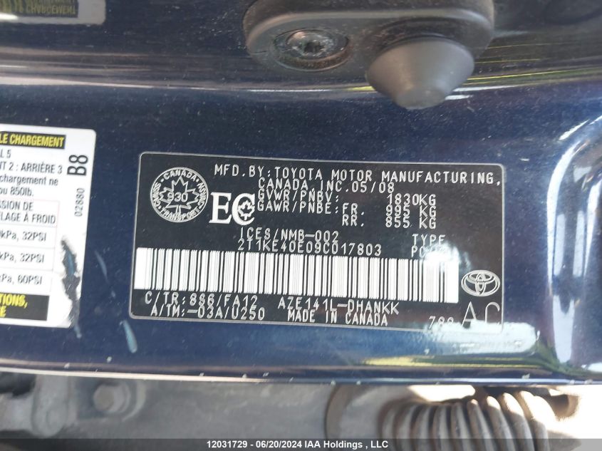 2009 Toyota Matrix Xr VIN: 2T1KE40E09C017803 Lot: 12031729