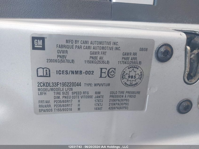 2009 Pontiac Torrent VIN: 2CKDL33F196220044 Lot: 12031743