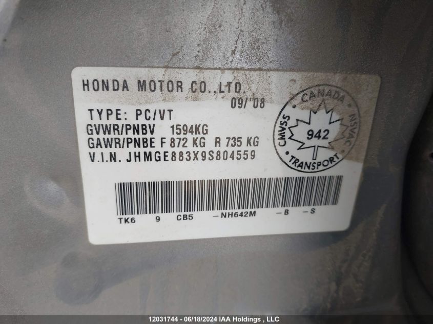 2009 Honda Fit VIN: JHMGE883X9S804559 Lot: 12031744