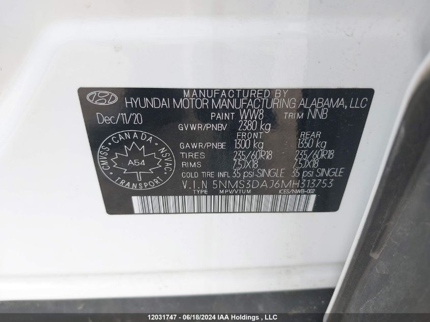 2021 Hyundai Santa Fe Sel VIN: 5NMS3DAJ6MH313753 Lot: 12031747