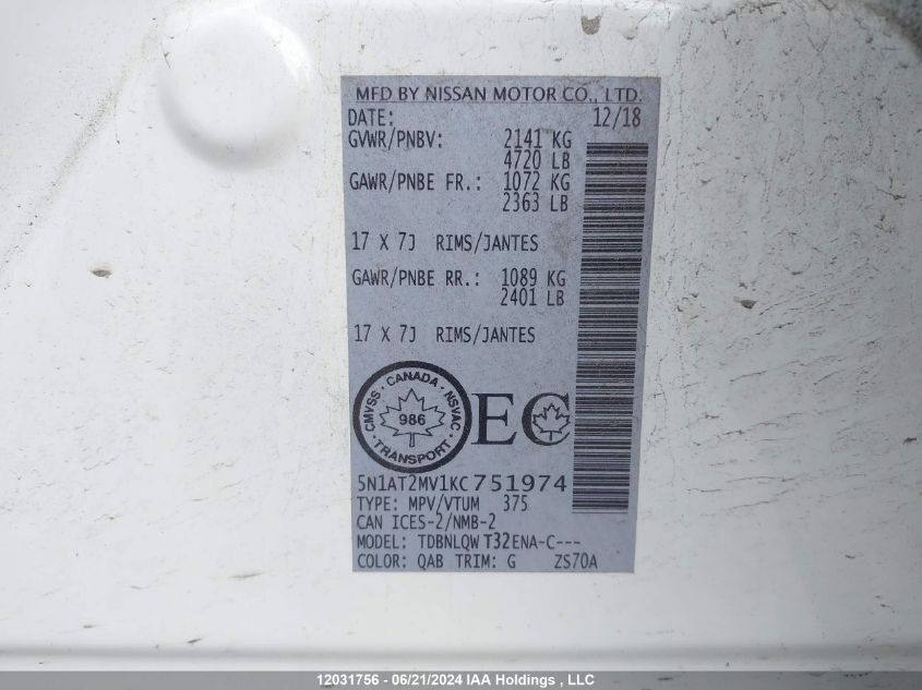 2019 Nissan Rogue VIN: 5N1AT2MV1KC751974 Lot: 12031756