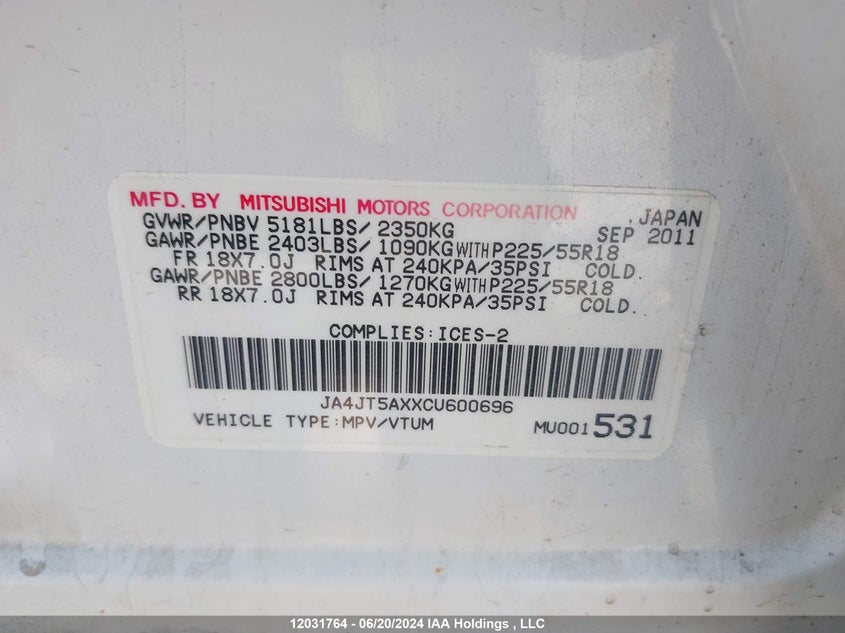 2012 Mitsubishi Outlander VIN: JA4JT5AXXCU600696 Lot: 12031764