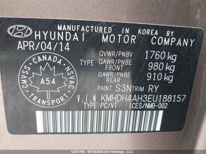 2014 Hyundai Elantra VIN: KMHDH4AH3EU188157 Lot: 12031766
