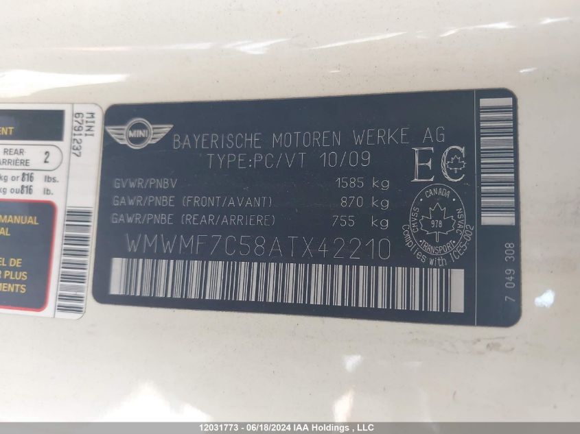 2010 Mini Cooper Hardtop VIN: WMWMF7C58ATX42210 Lot: 12031773