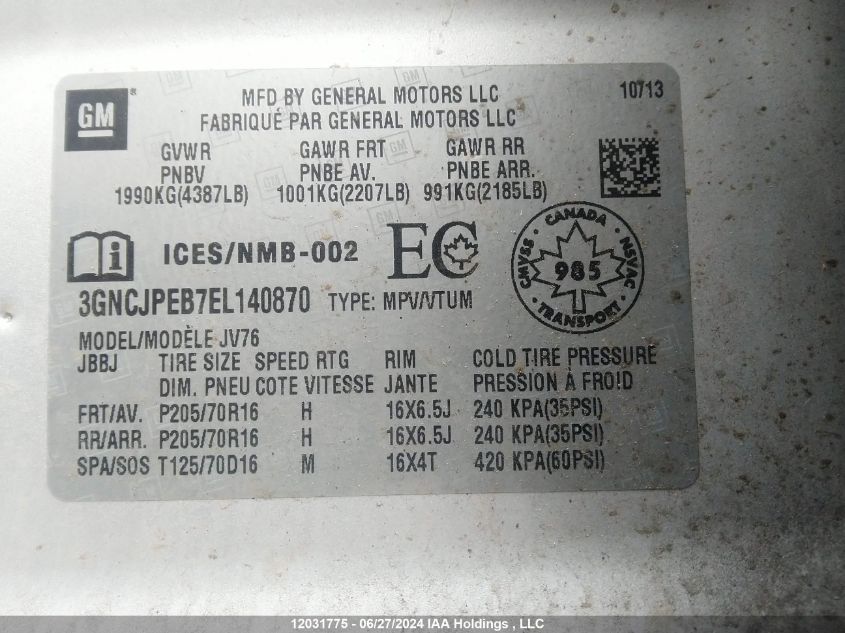 2014 Chevrolet Trax 1Lt VIN: 3GNCJPEB7EL140870 Lot: 12031775