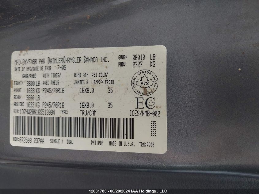 2006 Dodge Dakota Quad/St VIN: 1D7HW28N16S513094 Lot: 12031785