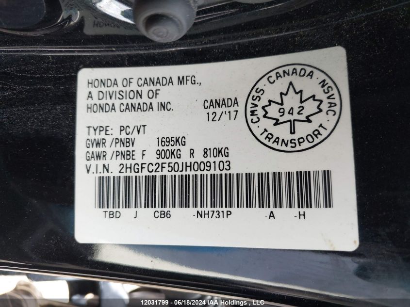 2018 Honda Civic VIN: 2HGFC2F50JH009103 Lot: 12031799