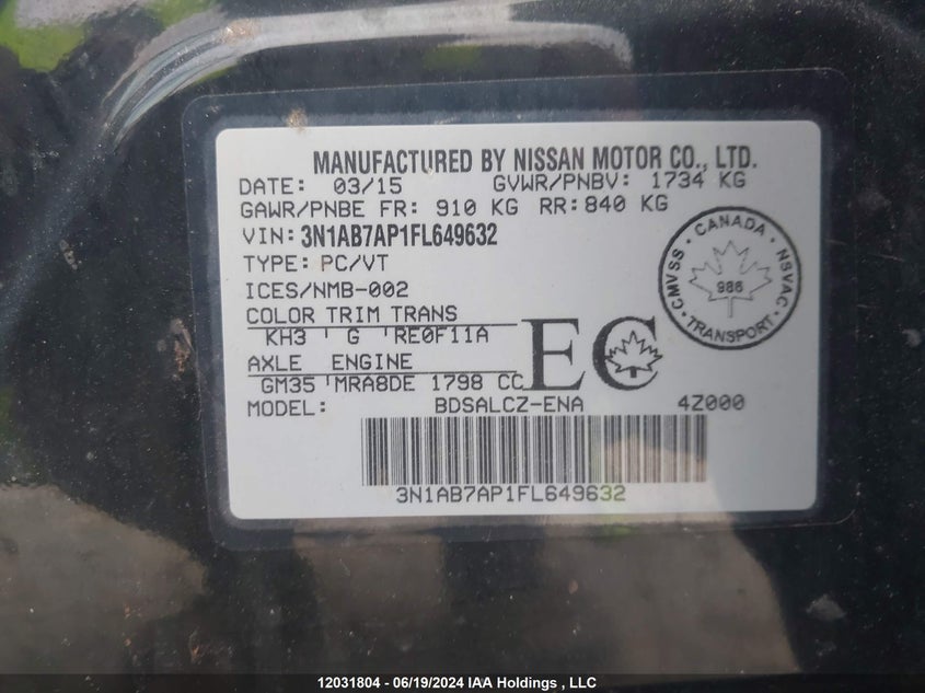 2015 Nissan Sentra S/Sv/Sr/Sl VIN: 3N1AB7AP1FL649632 Lot: 12031804