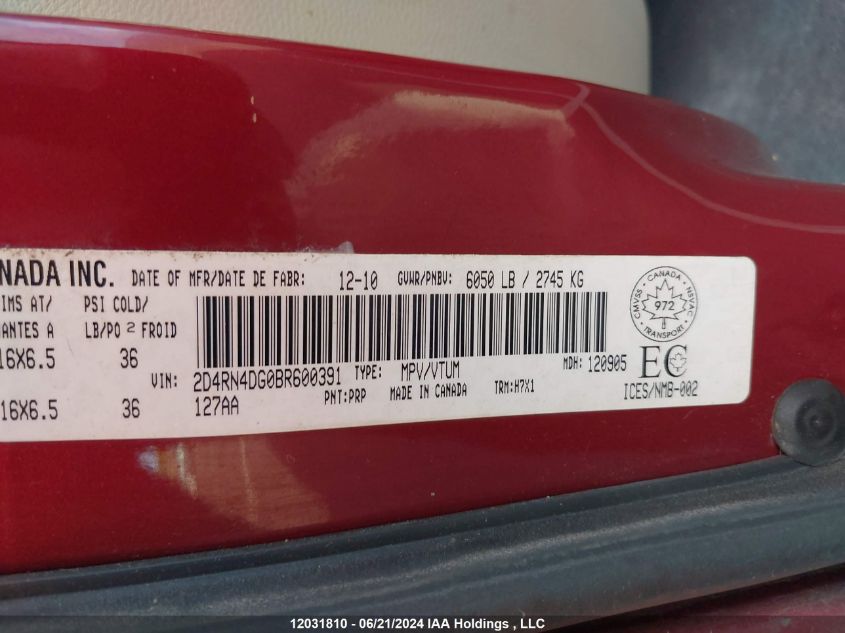 2011 Dodge Grand Caravan Se/Sxt VIN: 2D4RN4DG0BR600391 Lot: 12031810