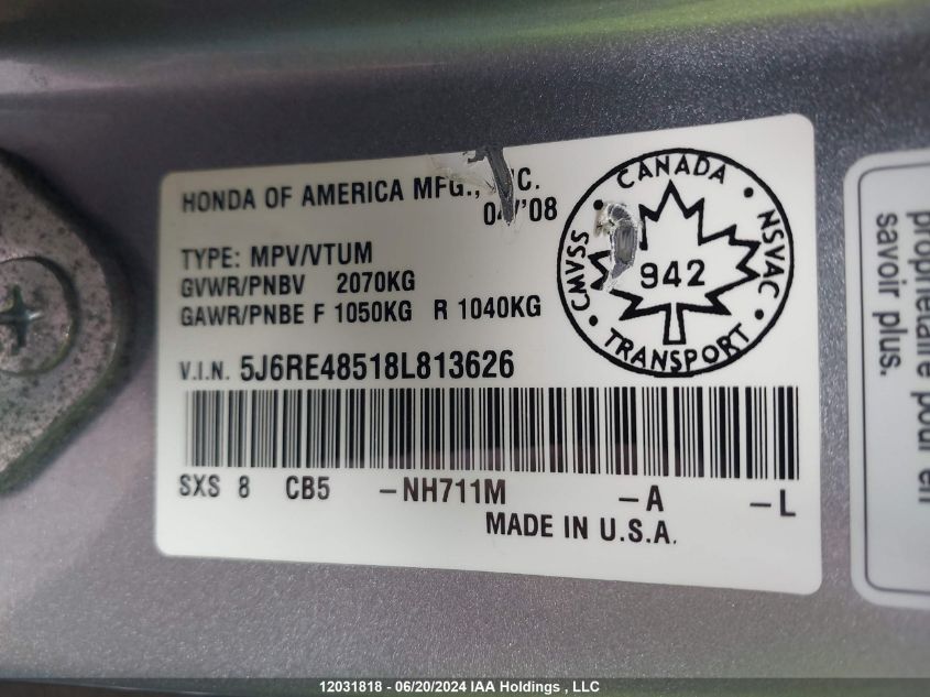 2008 Honda Cr-V VIN: 5J6RE48518L813626 Lot: 12031818