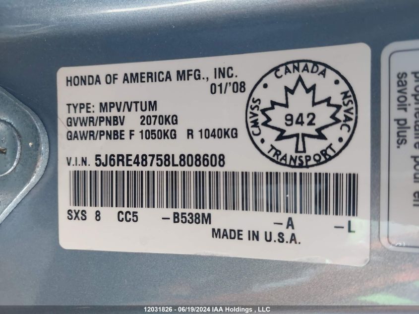 2008 Honda Cr-V Exl VIN: 5J6RE48758L808608 Lot: 12031826