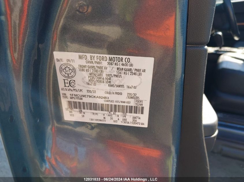 2012 Ford Escape Limited VIN: 1FMCU9E79CKA92483 Lot: 12031833