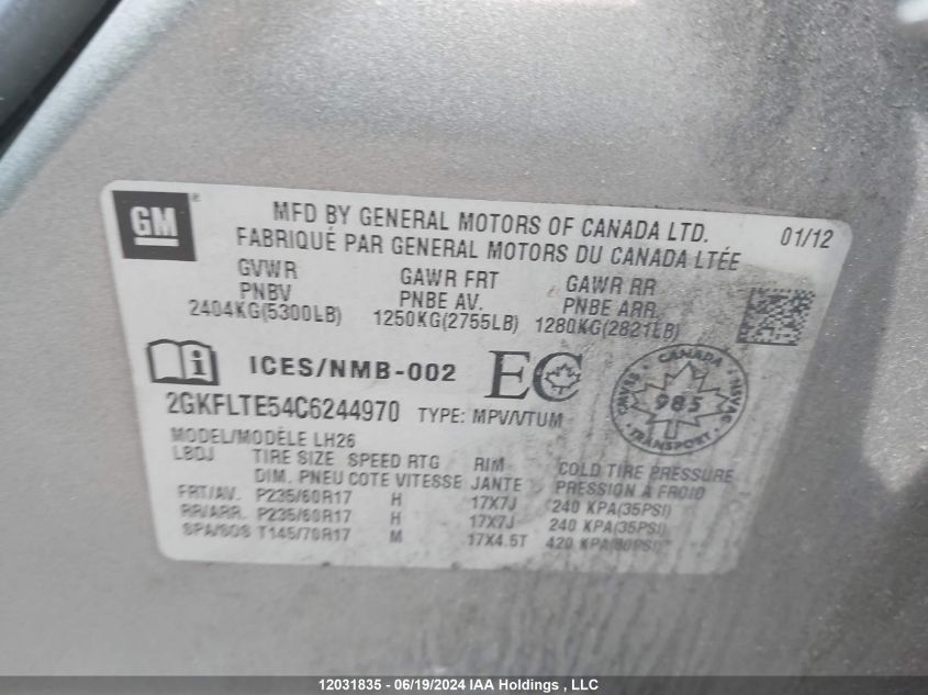 2012 GMC Terrain VIN: 2GKFLTE54C6244970 Lot: 12031835