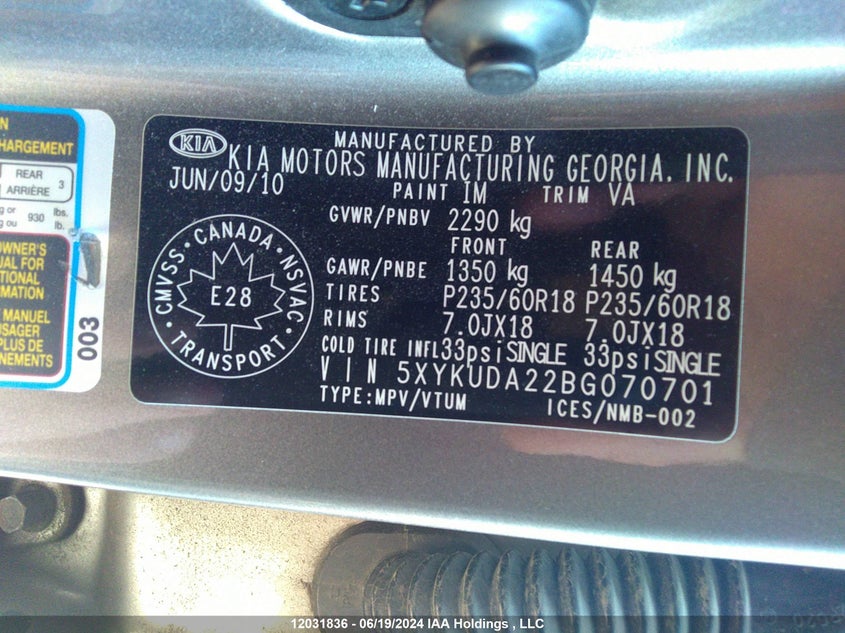 2011 Kia Sorento VIN: 5XYKUDA22BG070701 Lot: 12031836