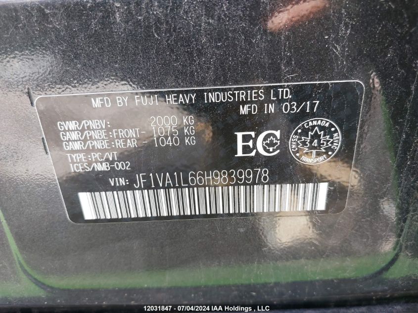 2017 Subaru Wrx VIN: JF1VA1L66H9839978 Lot: 12031847