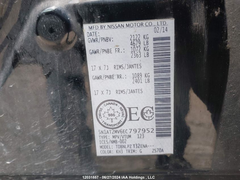 2014 Nissan Rogue VIN: 5N1AT2MV6EC797952 Lot: 12031857