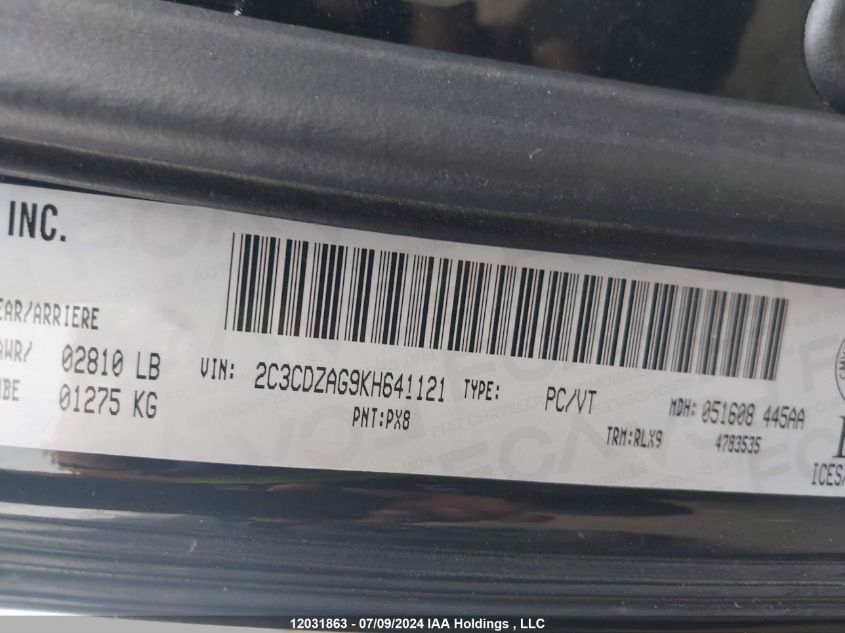 2019 Dodge Challenger VIN: 2C3CDZAG9KH641121 Lot: 12031863