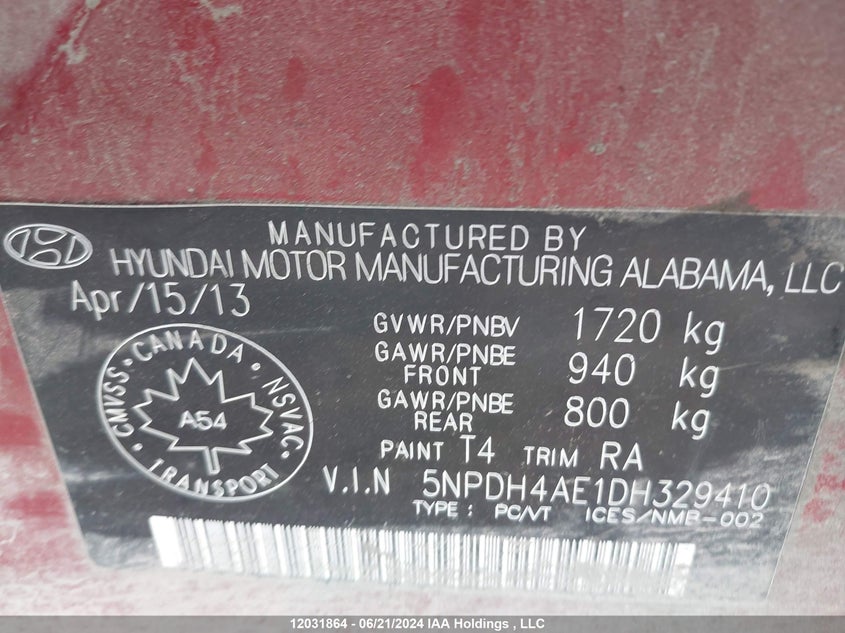 2013 Hyundai Elantra VIN: 5NPDH4AE1DH329410 Lot: 12031864