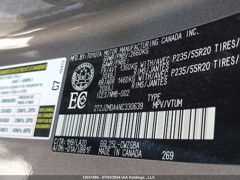 2022 Lexus Rx 350 VIN: 2T2JZMDA4NC330639 Lot: 12031888